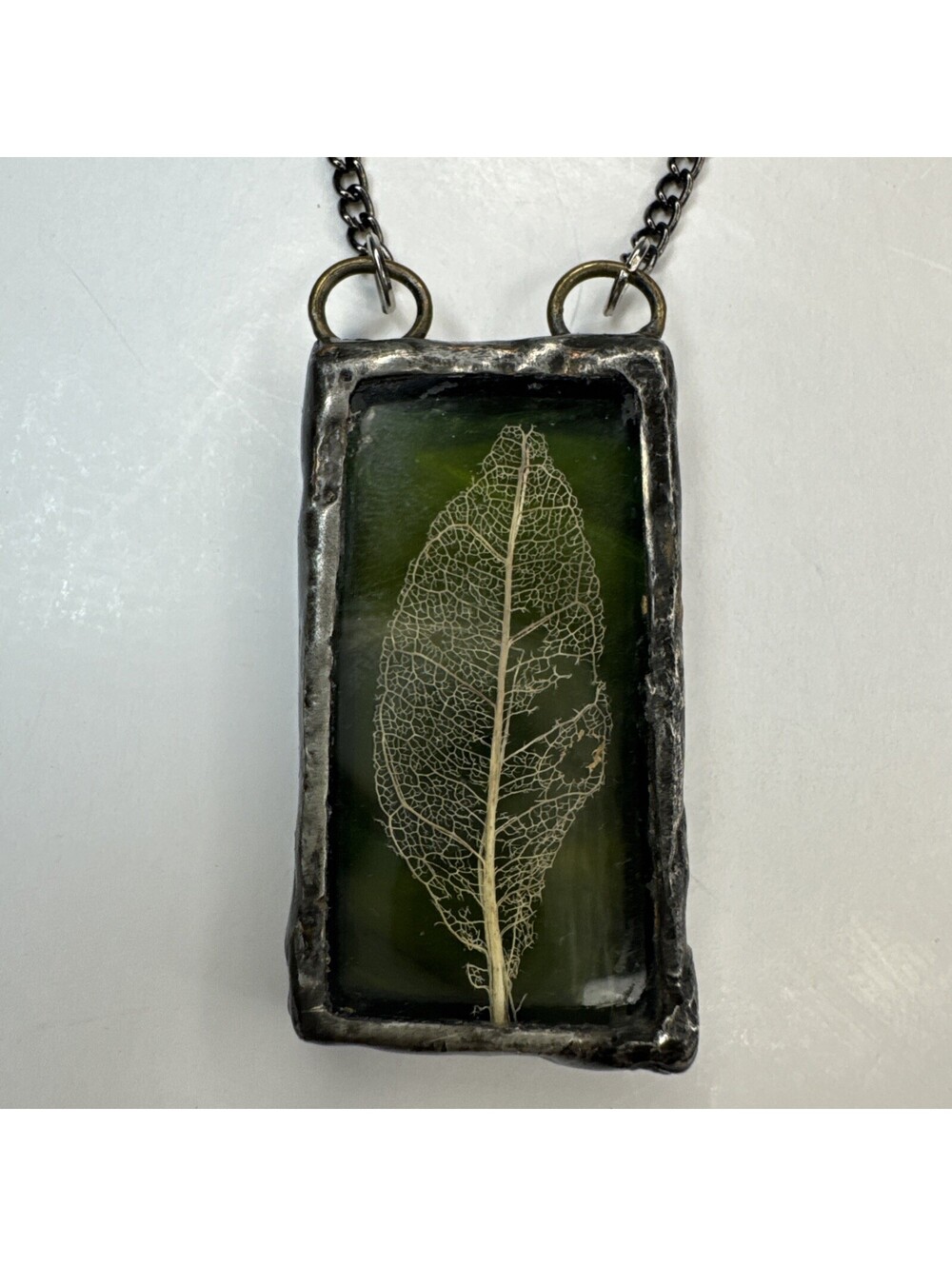 Handmade Olive Leaf Skeleton Resin Pewter Framed Boho Necklace Nature Plant 23”